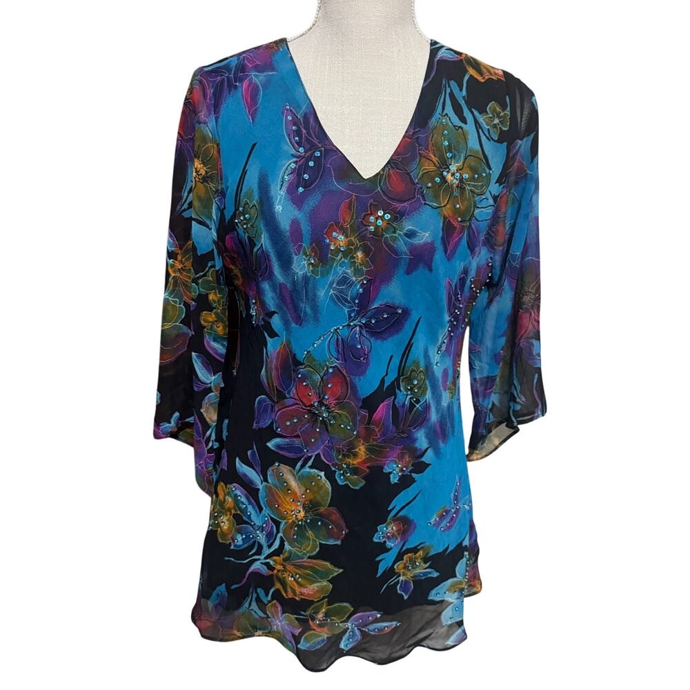 Vtg‎ Y2K Dark Floral Mini Dress sz M Beaded Fairy Romantic chiffon sequins